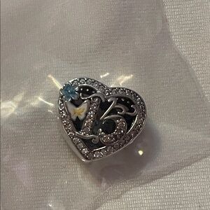 Heart-Shaped925 Sterling Silver Charm  “15” with Blue and Yellow Accents